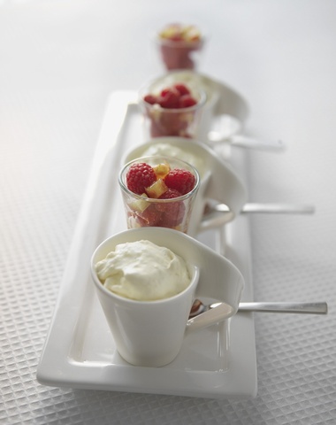 Vanilla Creams with Rhubarb and Raspberry Dressing