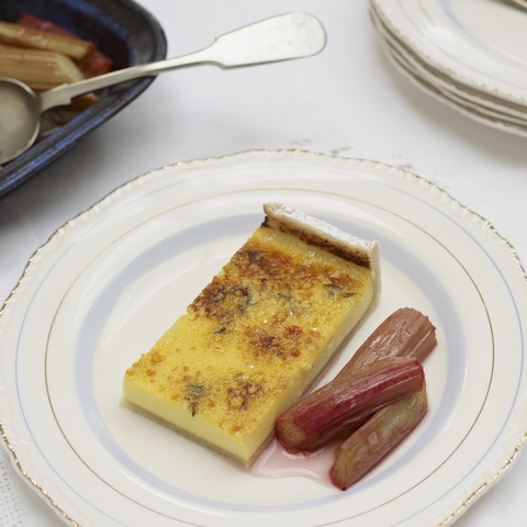 Baked Egg Custard and Lemon Tart with Roasted Rhubarb